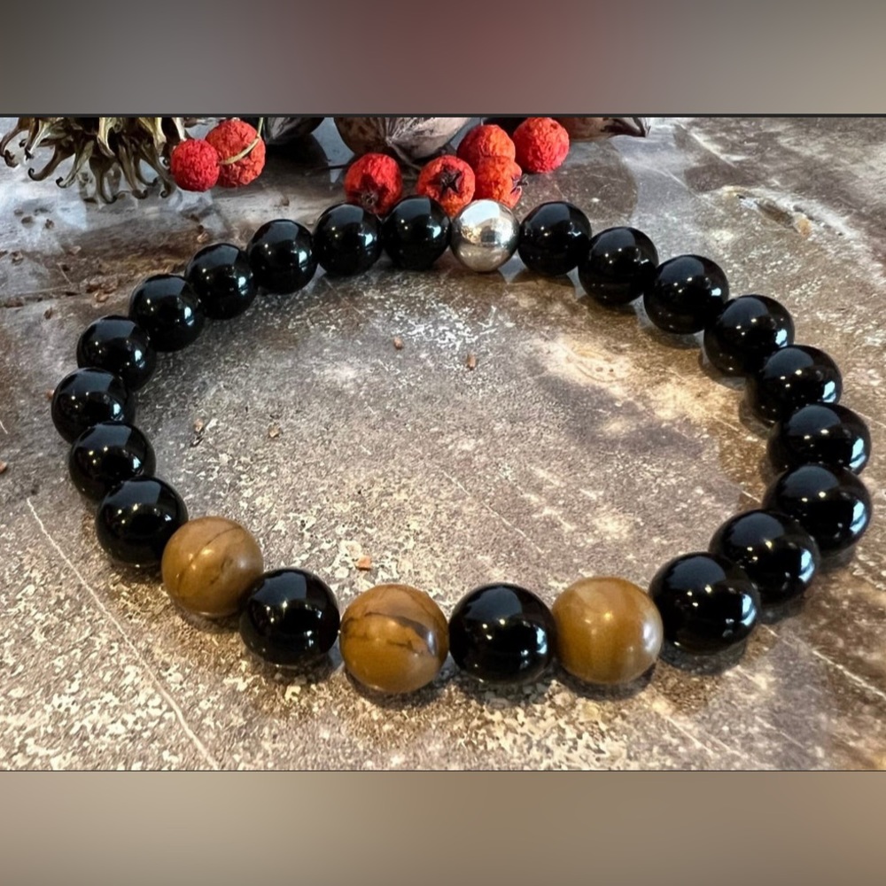 New 925 Silver Black Onyx Stretch Bracelet Petrified Wood Natural Gemstone 19 cm